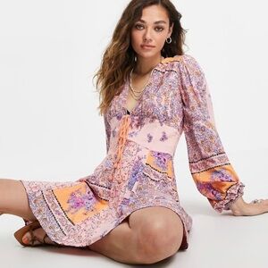 FREE PEOPLE Mixin' It Up Mini Dress With Tie Front In Bright Paisley Print NWT